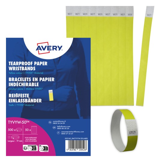 Imaginea arată un pachet de brățări din hârtie rezistentă la rupere, de culoare galbenă, realizate din material TYVEK, având diverse numere de serie. Este inclusă o brățară pentru demonstrație.