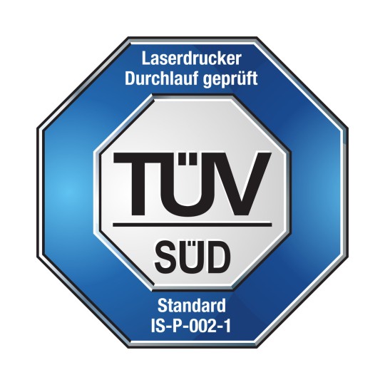 Imaginea arată un logo de certificare de la TÜV Süd pentru imprimante laser, menționând că au fost testate conform standardului IS-P-002-1.