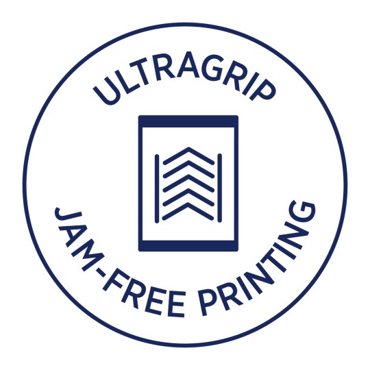 Imaginea prezintă un logo circular care promovează „UltraGrip Jam-Free Printing,” cu o reprezentare grafică a unui document ce arată linii care sugerează o funcționare lină.