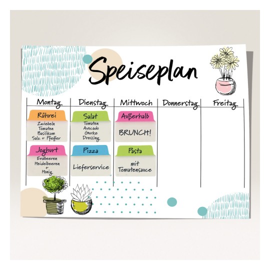 Imaginea prezintă un plan de mese săptămânal intitulat "Speiseplan" cu zilele săptămânii. Lista include mese pentru fiecare zi, cum ar fi omletă, salată, brunch, iaurt, pizza și paste. Aspectul prezintă notițe colorate și ilustrații decorative de plante.
