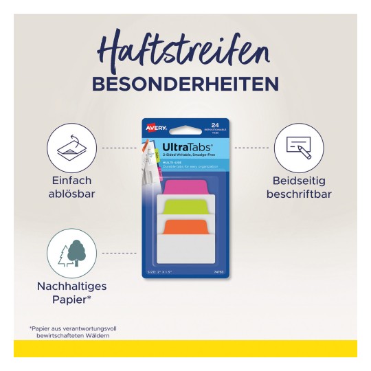 Imaginea prezintă un set de Avery UltraTabs, care include 24 de etichete repoziționabile cu caracteristici precum: scriere, rezistente la murdărire, reutilizabile și fabricate din hârtie sustenabilă. Include pictograme care reprezintă aceste caracteristici.