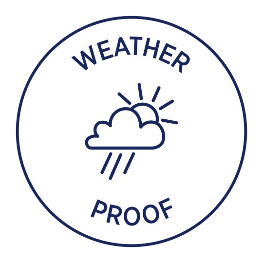 Imaginea prezintă o insignă circulară cu cuvintele 'REZISTENT LA VREME' deasupra și dedesubtul unui nor cu motive de ploaie și soare. Aceasta transmite ideea de protecție împotriva diferitelor condiții meteorologice.