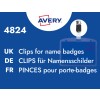 Card de produs albastru cu text alb „4824” și etichetă multilingvă „Clips for name badges” și imagine cu clips pentru ecuson?