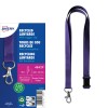 Imaginea afișează un pachet de lanyard-uri reciclate de culoare mov, cu o clemă de declanșare. Include marcajul Avery și detalii despre produs pe partea stângă.