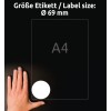 Compararea dimensiunilor cu mâna, articol: 6228-10, o foaie de etichete rotunde, format: ⌀ 69 mm, culoare: alb?