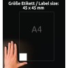 Comparație de dimensiuni cu mâna, articol: 6252-10, o coală de etichete pătrate, format: 45 x 45 mm, culoare: albă?