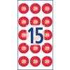 Pattern of red circular stickers showing number 29 with large blue number 15 overlay