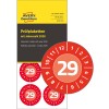 Sheet of red circular inspection labels showing number 29 and months around edge