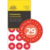 Sheet of red circular inspection labels marked with number 29 and months