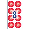 Vertical pattern of red circular stickers showing number 29 with a large blue number 8 overlay