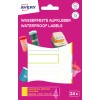 Imaginea afișează ambalajul pentru etichete rezistente la apă de la Avery. Aceasta prezintă recipiente colorate și etichete cu nume, subliniind utilizarea lor pentru marcarea și acoperirea obiectelor.