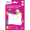 Imaginea arată ambalajul etichetelor rezistente la apă Avery, având etichete și recipiente colorate. Etichetele sunt concepute pentru a fi folosite la marcarea și lipirea pe diverse obiecte.