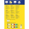 O imagine care prezintă diverse produse legate de inserțiile de carduri pentru bibliorafturi. Aceasta include detalii în mai multe limbi despre caracteristicile produselor, sfaturi pentru utilizare și un design pentru imprimarea etichetelor. Imaginea are secțiuni care detaliază codurile și dimensiunile specifice ale produselor.
