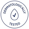 Imaginea prezintă un logo circular cu inscripția 'TESTAT DERMATOLOGIC', având un design cu o picătură și o bifă în centru, indicând că un produs este potrivit pentru utilizare pe piele.
