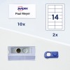 Un ecuson Avery cu „Paul Meyer”, diagramă a foii de etichete, suport de ecuson din plastic și element de prindere magnetic?