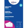 Ambalaj pentru inserții de ecusoane cu nume Avery, cu fundal albastru și detalii despre produs?