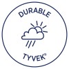 Imaginea prezintă un logo care include cuvântul 'DURABLE' în partea de sus, o ilustrație a unui nor cu raze de soare și ploaie dedesubt, și cuvântul 'TYVEK®' în partea de jos. Designul sugerează rezistență la intemperii și durabilitate.