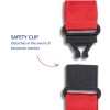 Această imagine afișează o clemă de siguranță utilizată într-un sistem de ham sau curea. Are o curea roșie și un mecanism de clemă negru, cu textul însoțitor care explică faptul că se detașează în cazul unei tracțiuni excesive.