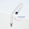 Imaginea arată un lanyard alb cu un clip și o cataramă de plastic neagră pe o suprafață albă. Textul indică '10 Lanyarduri.'