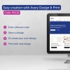 Imaginea prezintă un ecran de calculator care afișează instrucțiuni pentru utilizarea Avery Design & Print. Pașii includ introducerea unui cod de software, selectarea sau crearea unui design și imprimarea cu îmbinare de corespondență.