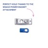 Imaginea prezintă un atașament magnetic de putere SMAG® argintiu și o piesă mai mică albastră, evidențiindu-le funcționalitatea pentru o fixare perfectă.