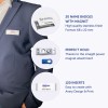 Imaginea prezintă mai multe ecusoane și accesorii de identificare. Include 20 de ecusoane cu magnet, un sistem de prindere cu magnet perfect, și 120 de inserții, toate prezentate cu un costum profesional.