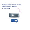 Imaginea prezintă două atașamente magnetice de putere, unul negru mai mare în partea de sus și unul albastru mai mic dedesubt, cu o legendă care evidențiază beneficiul oferit de atașamentul magnetic de putere SMAG® pentru o susținere perfectă.
