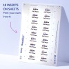 Imaginea arată o foaie de inserții cu 18 etichete imprimate pe ea, având logo-ul Avery și numele 'Paul Meyer.' Se subliniază că aceste inserții pot fi imprimate acasă.