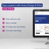 O ilustrație care prezintă software-ul Avery Design & Print cu instrucțiuni pas cu pas pentru a crea designuri personalizate și a le tipări.