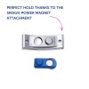 Imaginea prezintă accesoriul SMAG® Power Magnet, constând dintr-o piesă magnetică argintie și un accesoriu magnetic albastru, cu text care subliniază funcționalitatea de prindere perfectă.