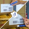 Hands peeling barcode shipping label from cardboard box on wooden pallet