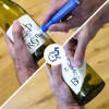 Hands applying and peeling a wine bottle label with a blue Avery marker and 5-minute icon