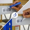 Hand applying and peeling barcode label reading 'CARTONS 105 X 200' on shelf edge