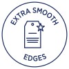 Imaginea prezintă un design circular cu cuvintele „EXTRA SMOOTH” în partea de sus și „EDGES” în partea de jos, împreună cu o ilustrație a unei etichete cu o stea.