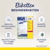 Imaginea prezintă ambalajul pentru etichetele Avery Zweckform ultra grip, evidențiind caracteristici precum designul ușor, asistența QuickPEEL și hârtia sustenabilă. Este subliniată compatibilitatea cu imprimantele laser și se abordează utilizabilitatea etichetelor.