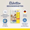Imaginea prezintă un design de etichetă de produs pentru etichete de transport reciclate de la Avery Zweckform. Evidențiază caracteristici precum fabricarea în Germania, certificarea TÜV și utilizarea hârtiei 100% reciclate. Sunt prezente elemente vizuale precum o pictogramă de computer și cutii de produs, alături de logo-uri care indică calitatea și conformitatea cu reciclarea.