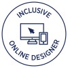 Imaginea prezintă un design circular cu cuvintele 'Designer Inclusiv Online' în jurul unei grafici care include un monitor de computer și un smartphone, cu un cursor săgeată pe monitor.