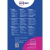 Imaginea include informații despre ecusoanele autoadezive pentru nume de la Avery, cu detalii în mai multe limbi privind utilizarea, designul și sfaturi de tipărire. Promovează produsele și include informații de contact pentru serviciul clienți.
