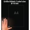 Comparare la dimensiune cu mâna, Articol: L6019REV-25, o coală de etichete rotunde, detașabile, format: ⌀ 10 mm, culoare: alb?