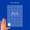 Grilă pe o coală A4 cu pătrate de 35×35 mm, cu un pătrat alb și o mână în colțul din stânga jos?