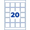 Grilă de 20 de pătrate conturate cu albastru, cu un număr mare albastru 20 în centru?