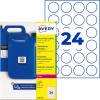 Pachet de etichete rotunde Avery pentru uz intens, care prezintă recipiente albastre și o coală cu 24 de etichete circulare?