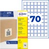 Ambalaj de etichete galbene Avery multifuncționale care arată 70 de etichete mici pătrate și o cutie de carton?