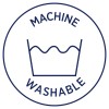 Imaginea afișează un simbol care indică faptul că articolul poate fi spălat la mașină, având textul 'MACHINE' deasupra unui recipient cu valuri de apă și 'WASHABLE' dedesubt.