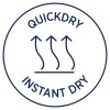 Imaginea prezintă un grafic circular cu textul 'QUICKDRY' și 'INSTANT DRY', împreună cu trei săgeți îndreptate în sus și linii ondulate care simbolizează uscarea rapidă.