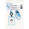 Imaginea arată un pachet care conține un cordon albastru deschis și un suport pentru carduri. Acesta include spațiu pentru două carduri și are un filigran cu textul 'PROIECT' pe card.