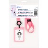 O imagine care prezintă un lanyard roz ajustabil și un suport pentru card, cu detalii despre produs, cum ar fi numele și specificațiile acestuia. Cuvântul 'DRAFT' este suprapus cu roșu.