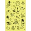 Un fundal galben cu diverse desene tematice despre spațiu, inclusiv astronauți, rachete, planete, extratereștri, stele și un OZN.
