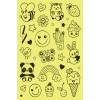 Imaginea prezintă doodles drăguțe pe un fundal galben, inclusiv o albină, un panda, o pisică, un iepuraș, flori, inimi și pictograme precum înghețată și brioșe.