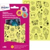 Imaginea prezintă un set de abțibilduri reflectorizante de la Avery. Designul include diverse pictograme amuzante, cum ar fi fețe zâmbitoare, animale și articole alimentare, pe un fundal galben.